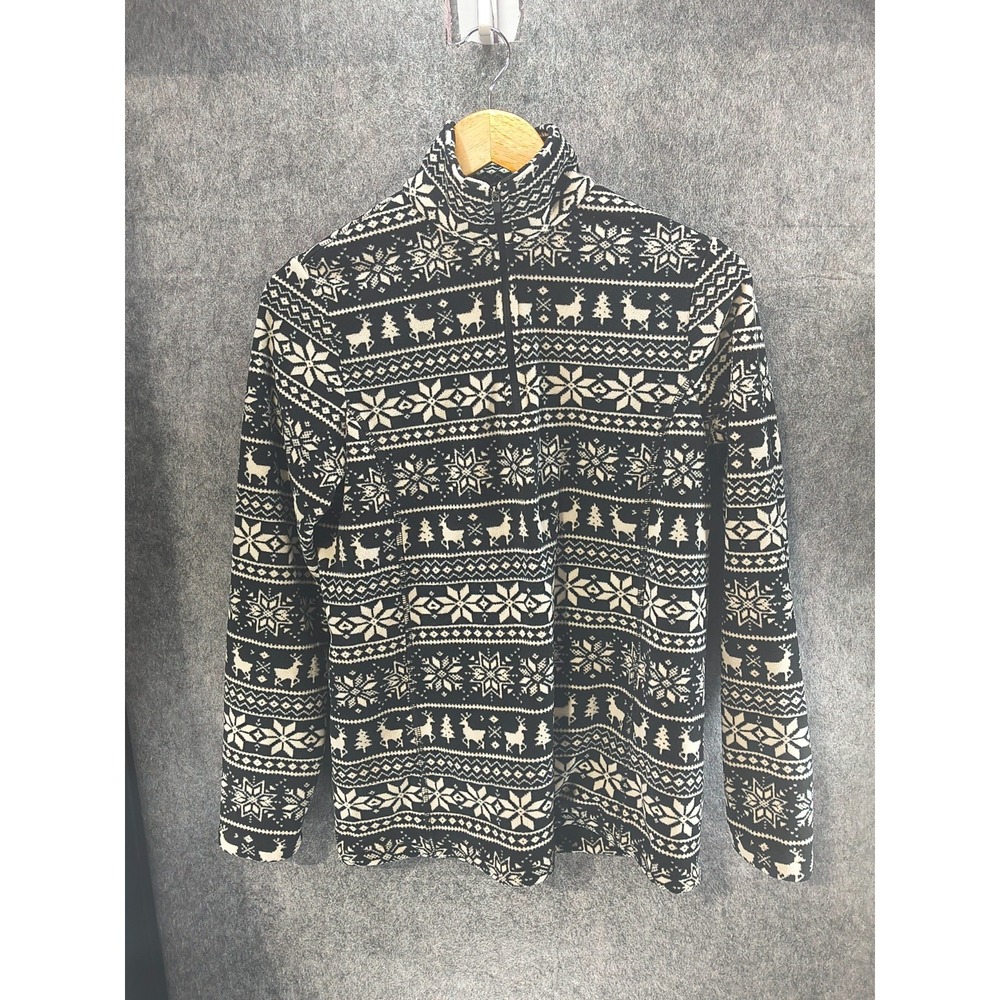 Land's End 1/4 Zip Pullover Fleece Women's Size XS Black & White Holiday Pattern